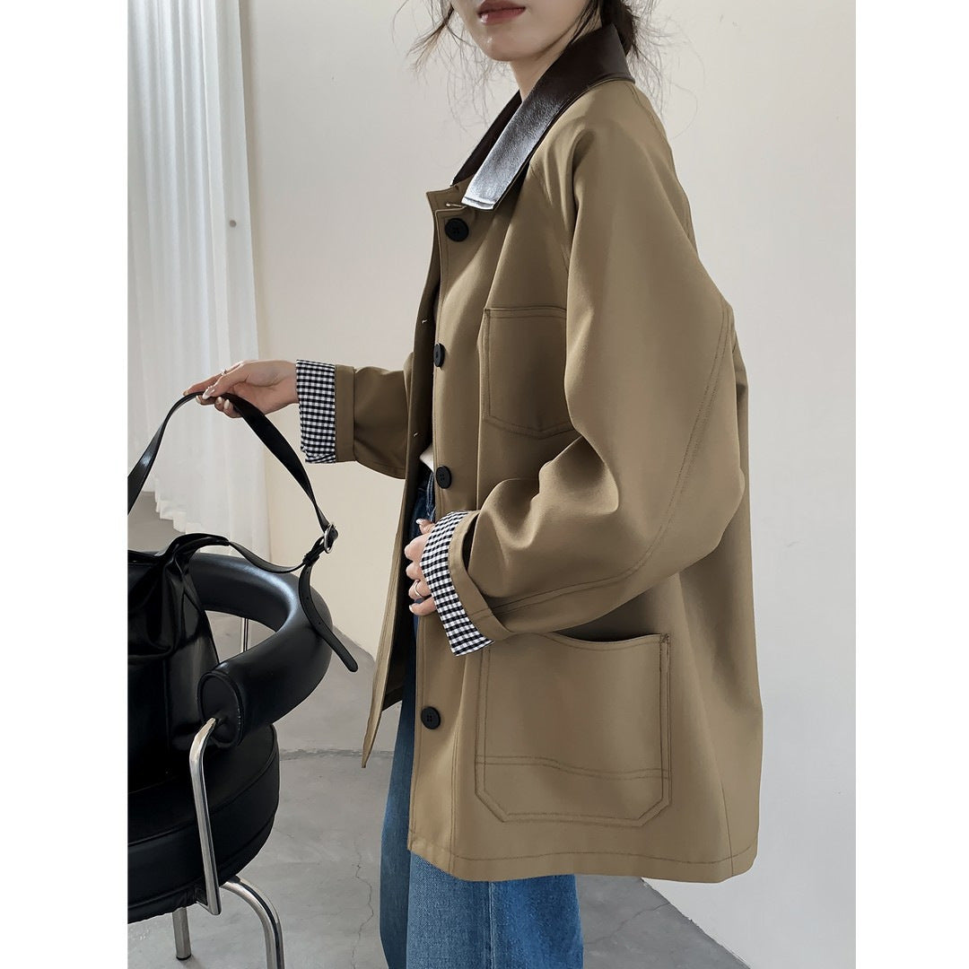 Women Oversized Short Jacket in Trench Style with Leather-Look Collar and Checked Cuffs
