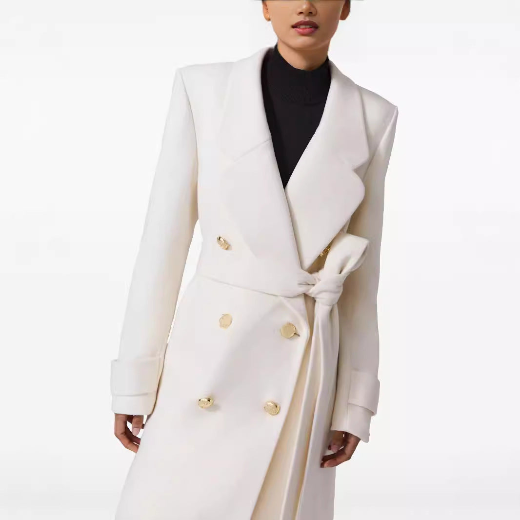 Women Long Double-Breasted Wool Coat with Waist Belt