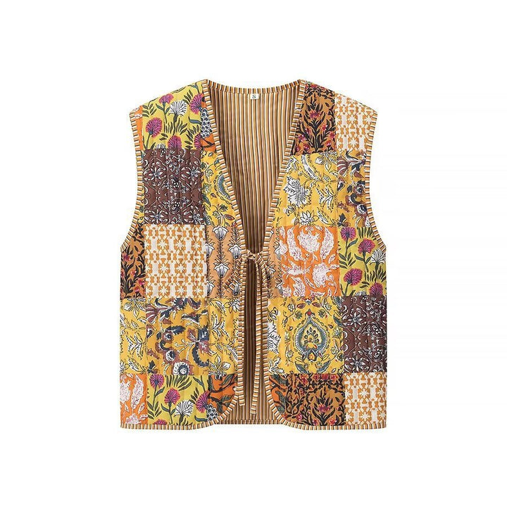 Women Padded Quilted Vest with Floral Allover Look and Tie Band