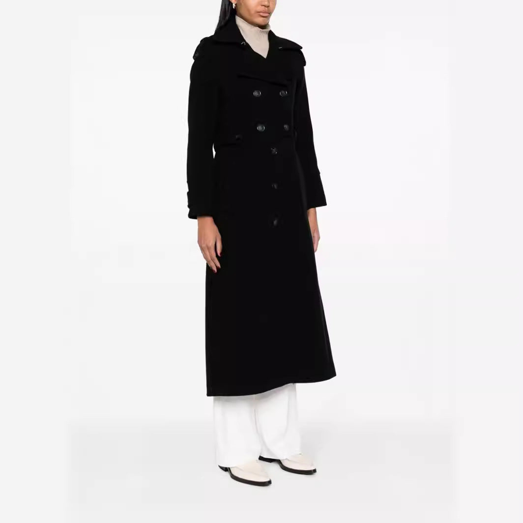 Women Floor-Length Double-Breasted Trench Coat made of Wool Blend with Shoulder Patches and Concealed Waist Belt