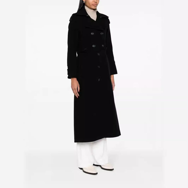 Women Floor-Length Double-Breasted Trench Coat made of Wool Blend with Shoulder Patches and Concealed Waist Belt