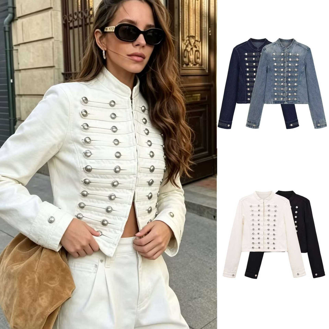 Women’s denim jacket in military style with row buttons and stand-up collar
