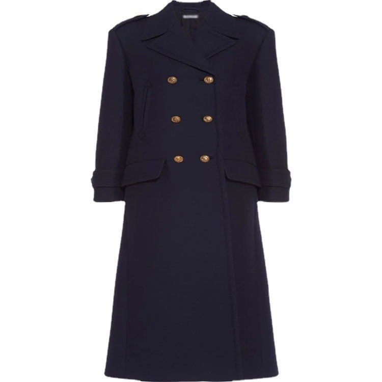 Women Double-breasted military-inspired Maxi Wool Coat with Epaulets and Decorative Straps