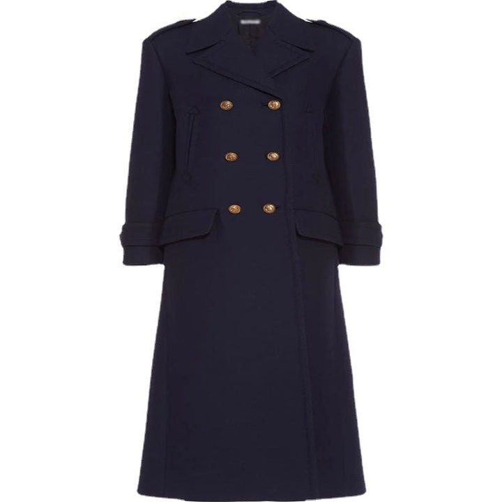 Women Double-breasted military-inspired Maxi Wool Coat with Epaulets and Decorative Straps