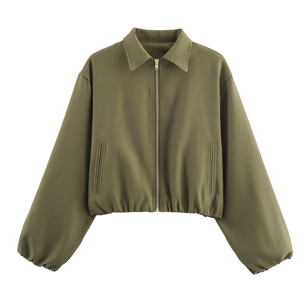 Women short jacket made of vegan leather with Kent collar, full-length zip and gathered hem