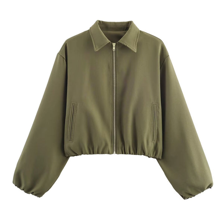 Women short jacket made of vegan leather with Kent collar, full-length zip and gathered hem