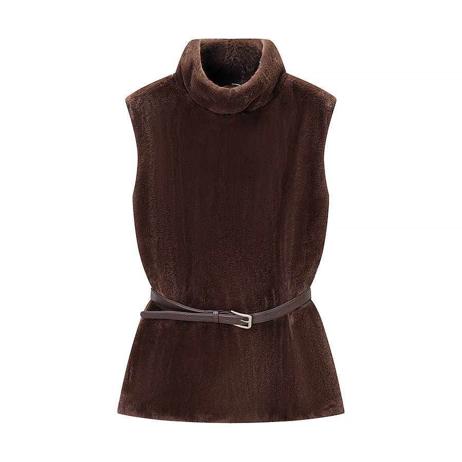 Ladies Sleeveless Faux Fur Vest with Turtleneck and Waist Belt