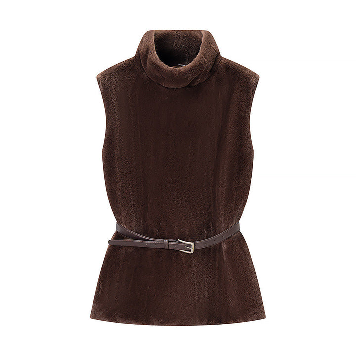 Ladies Sleeveless Faux Fur Vest with Turtleneck and Waist Belt