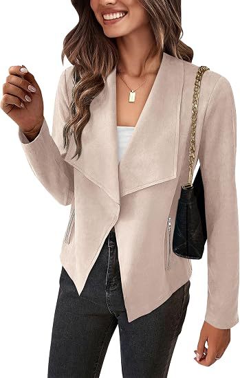 Women Faux Suede Waterfall Blazer with Asymmetrical Hem and Zip Pockets