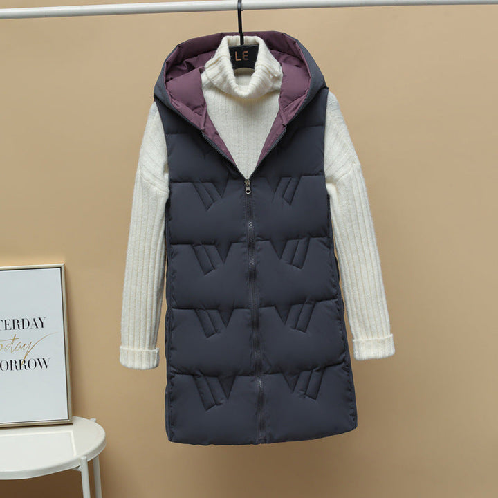 Women’s quilted long padded hooded vest with zip