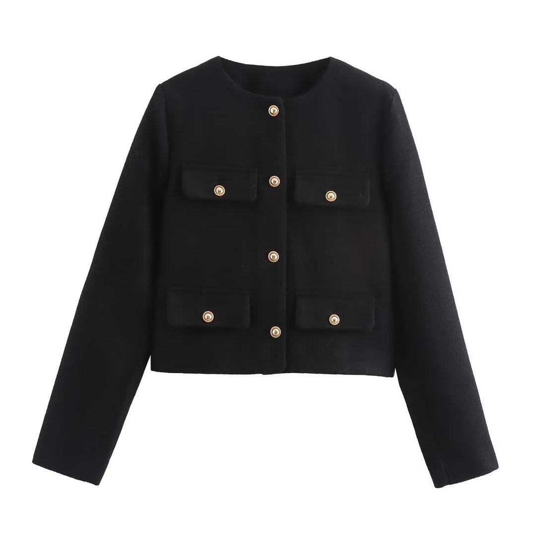 Women Short Boucle Blazer Jacket with Round Neck, Decorative Pocket Flaps, and Gold-Coloured Buttons