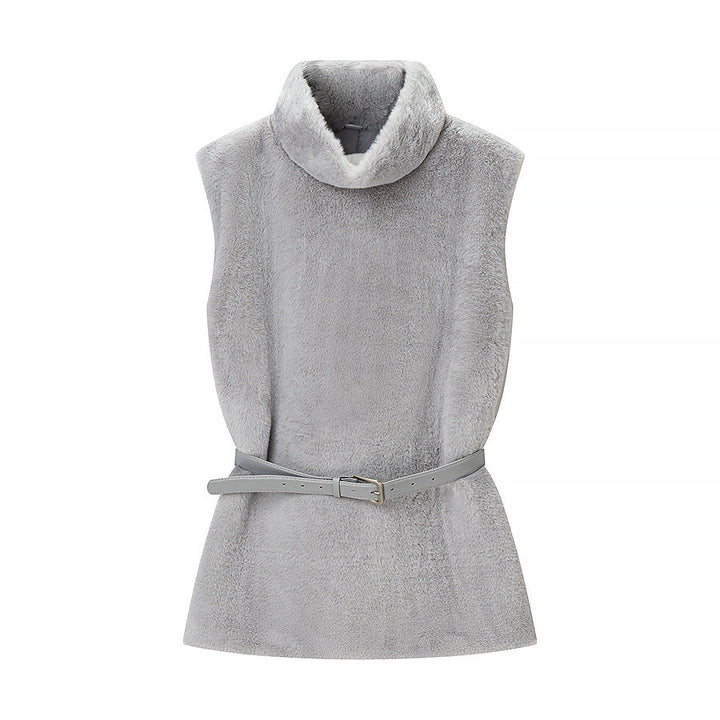 Ladies Sleeveless Faux Fur Vest with Turtleneck and Waist Belt