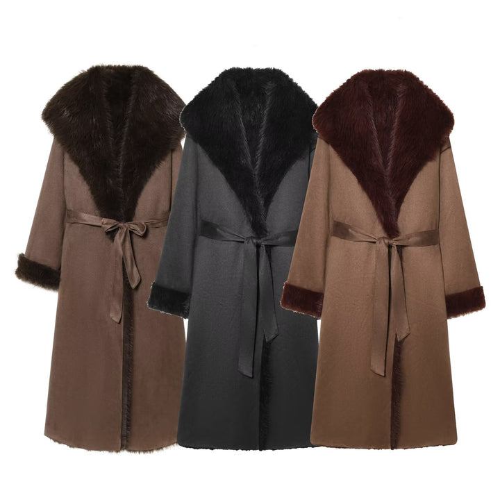 Women longer coat with faux fur trim and tie belt