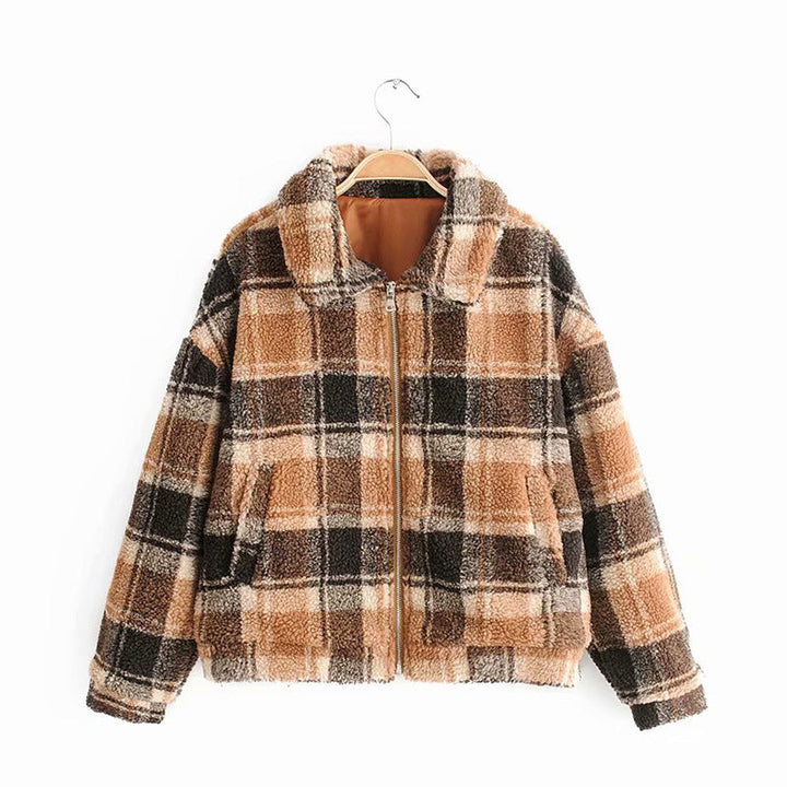 Women Checked Teddy Jacket with Zip, Oversized Cut and Faux Fur Lining