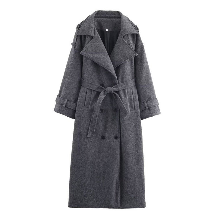 Women’s long double-breasted wool blend trench coat with belt and wide lapels