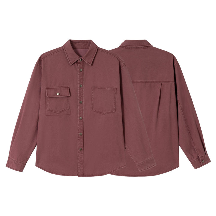 Ladies Oversize Shirt Jacket in Shacket Style made of washed cotton twill with snap button closure