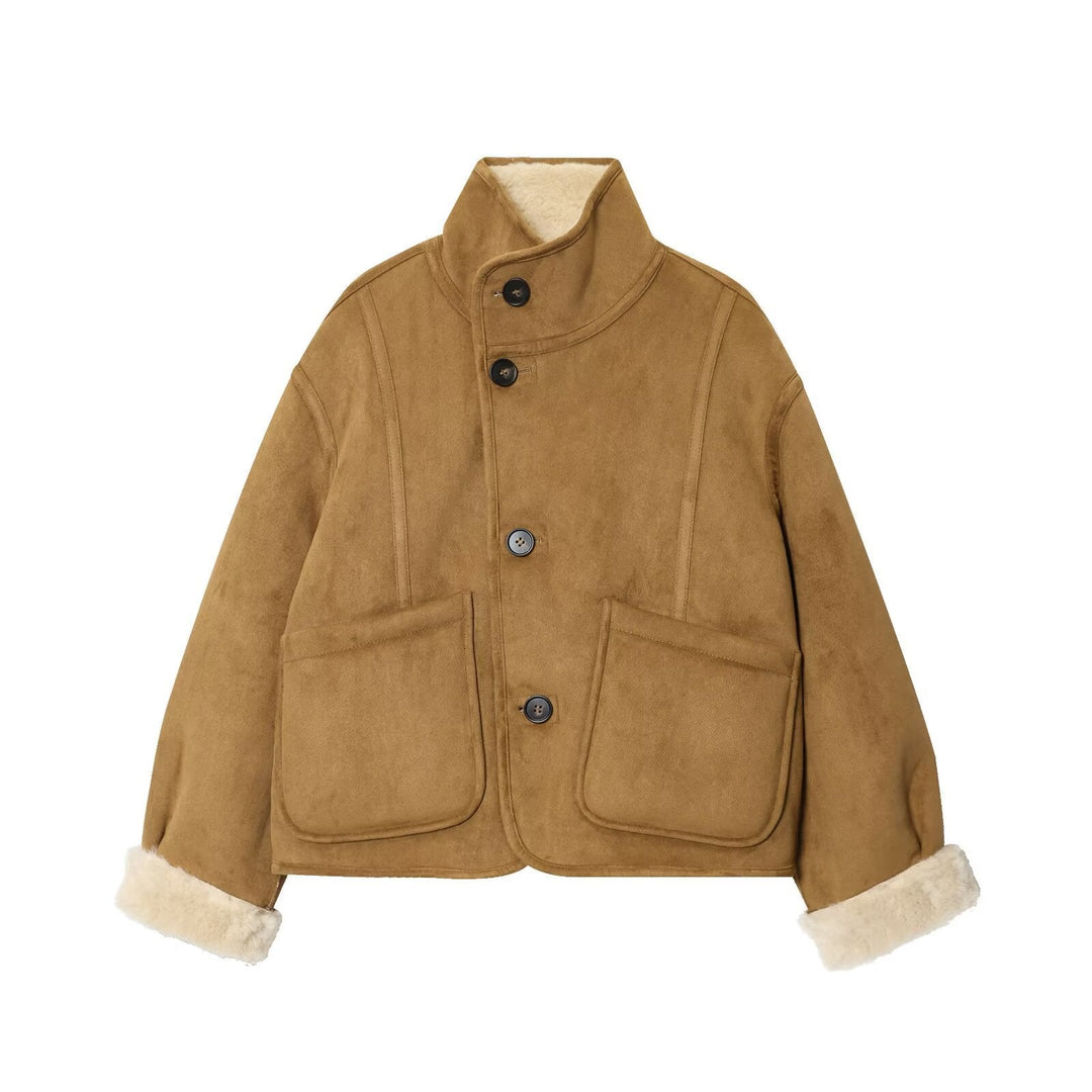 Women Short Jacket made of Suede Leatherette with Teddy Lining and Stand-Up Collar