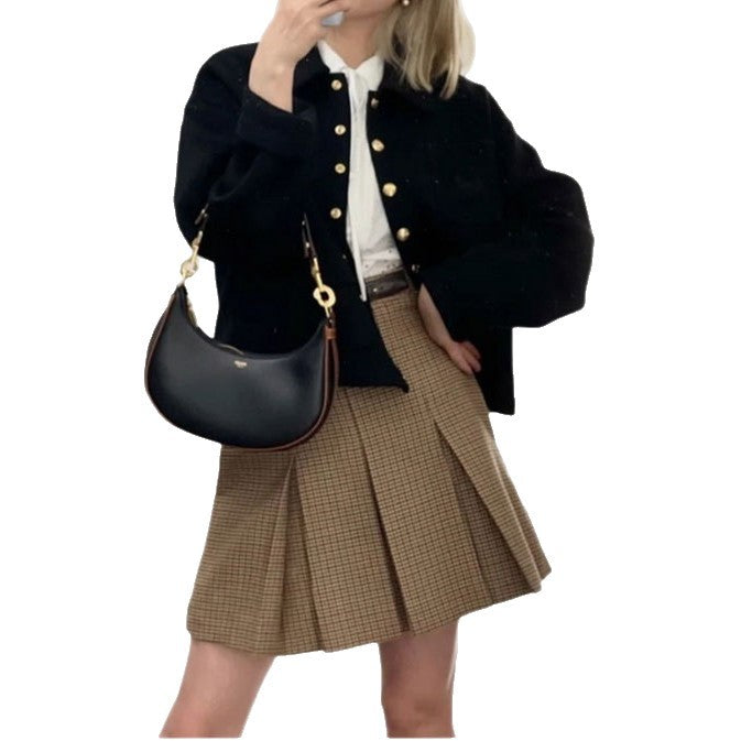 Ladies short cut quilted velvet cardigan with golden medallion buttons