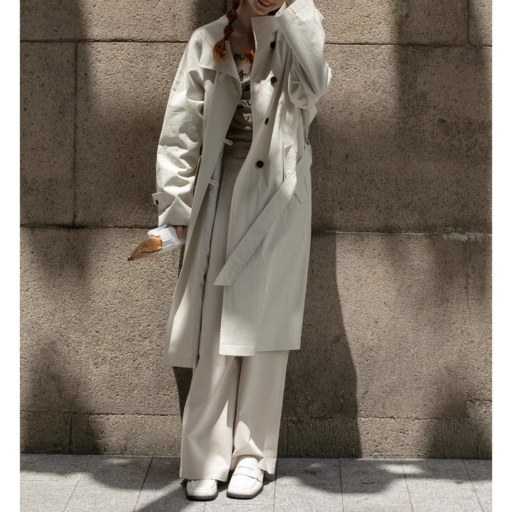 Women Lightweight Oversize Trench Coat with High Stand Collar, Adjustable Cuffs &amp; Tied Belt