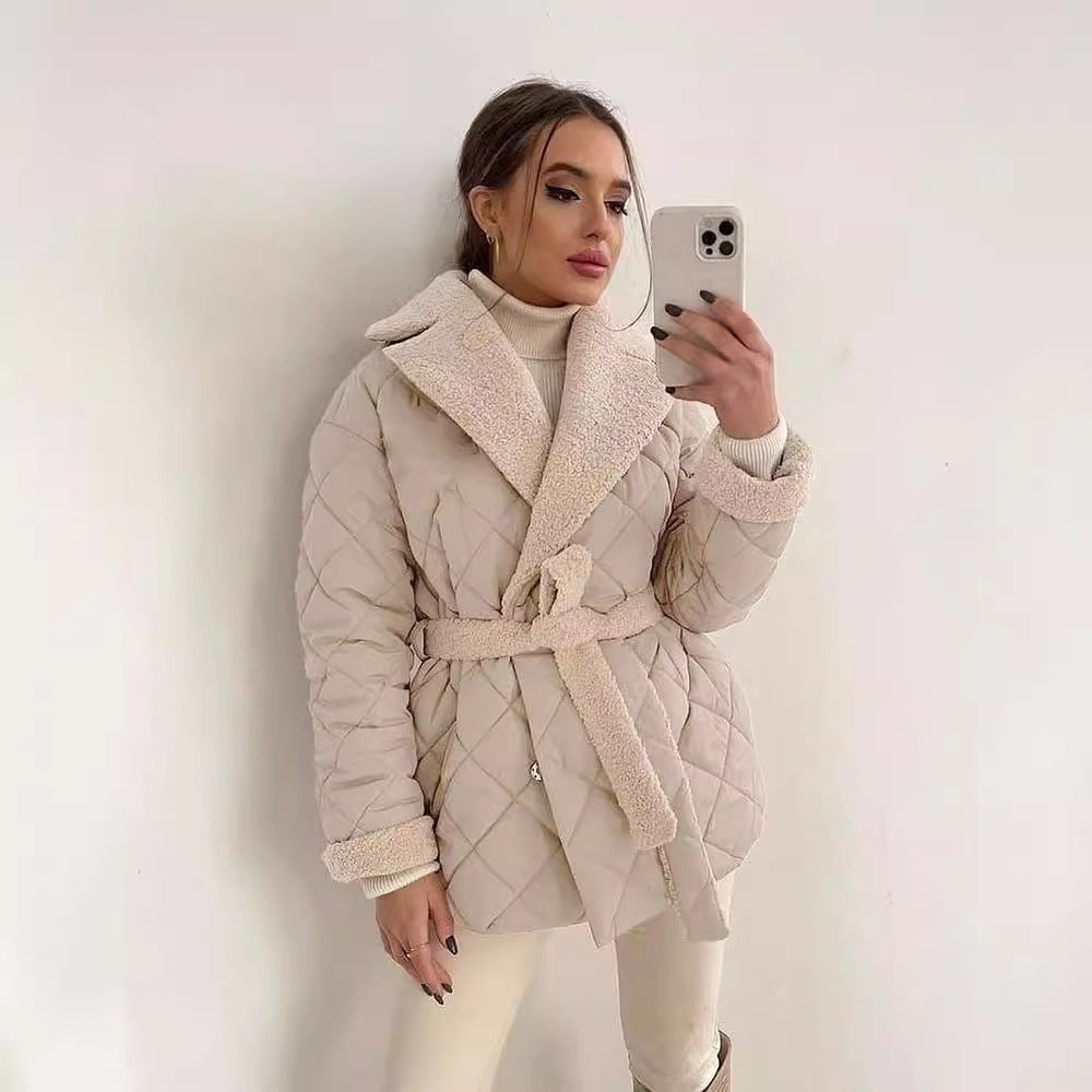 Women’s quilted jacket with teddy lining, fitted belt and large shawl collar