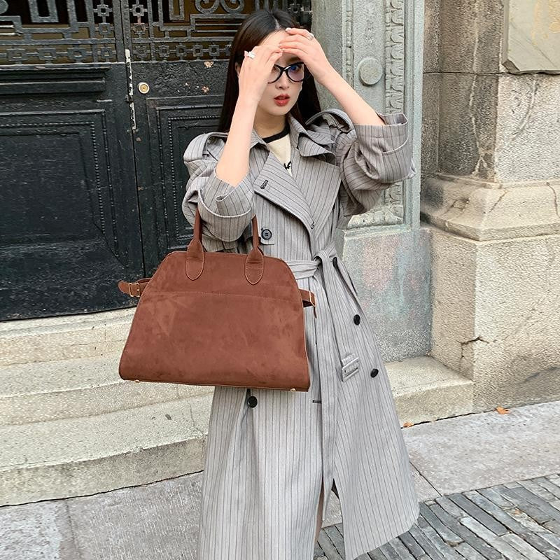 Women’s Long Pinstripe Trench Coat with Tie Belt Shoulder Straps and Flared Hem