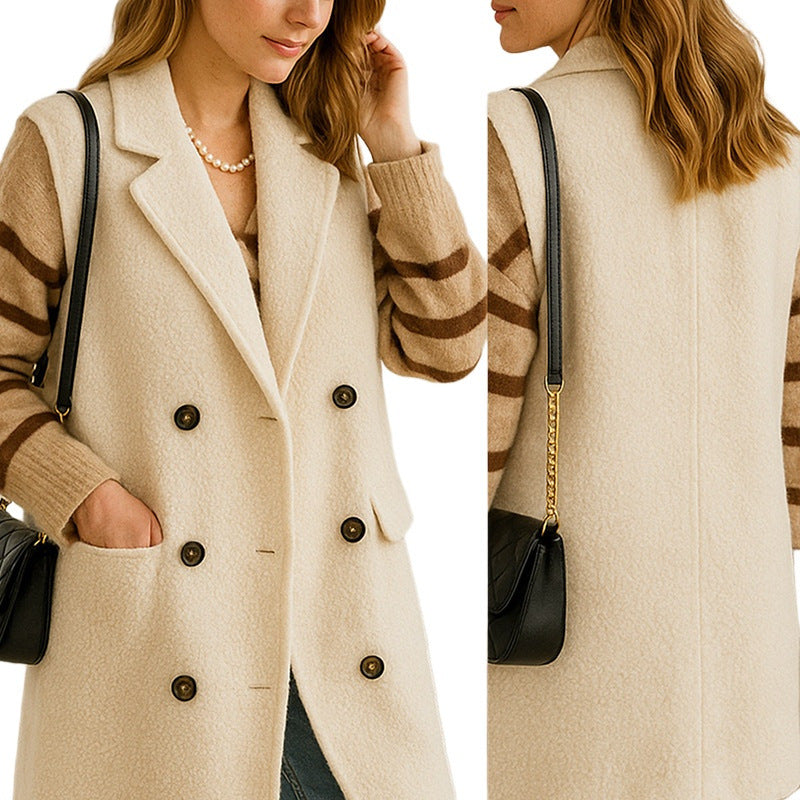 Women Long Sleeveless Boucle Vest with Double-Breasted Button Placket and Revere Collar
