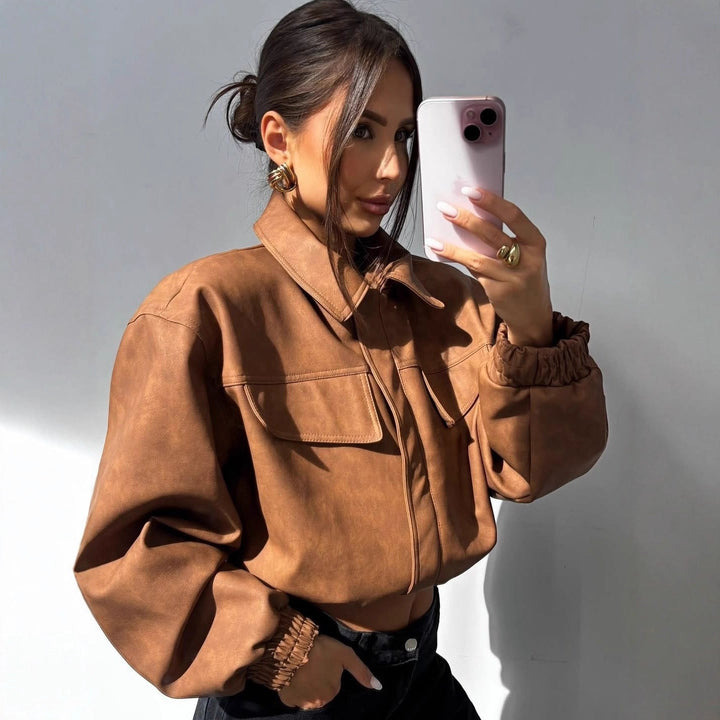 Women short cut faux leather jacket with patch chest pockets