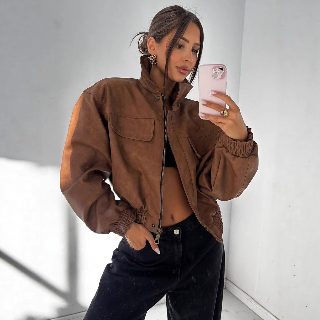 Women short cut faux leather jacket with patch chest pockets