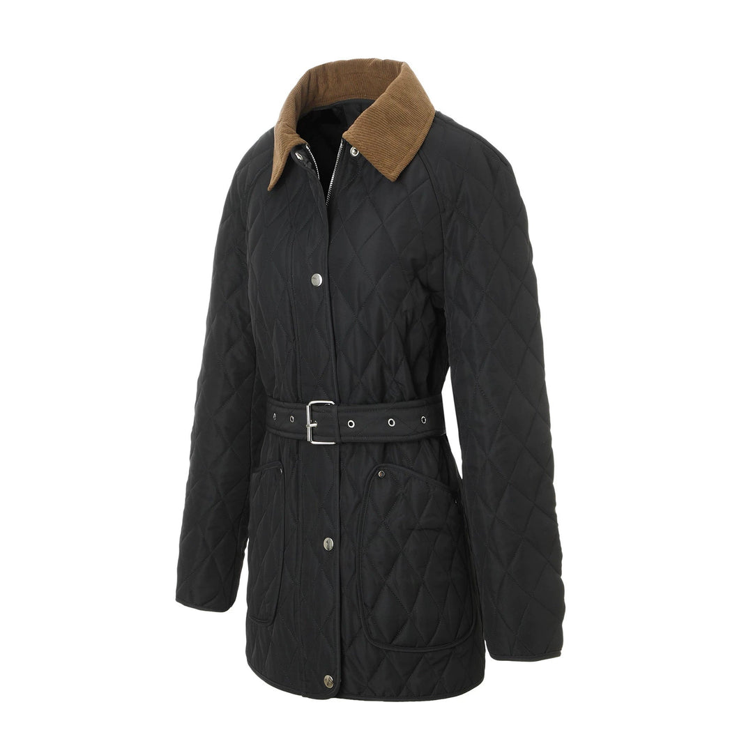 Women Long Padded Jacket-Coat with Tailored Belt and Contrast Cord Collar