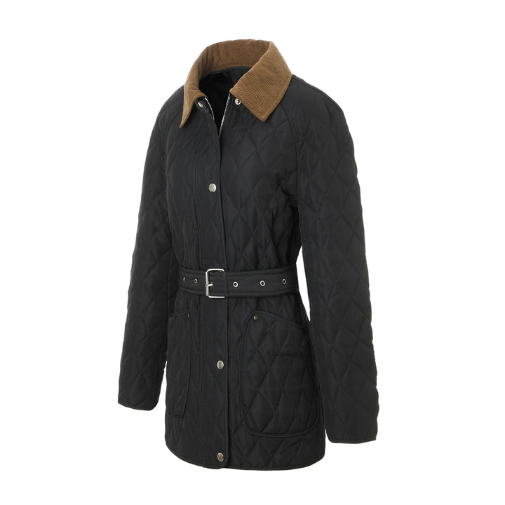 Women Long Padded Jacket-Coat with Tailored Belt and Contrast Cord Collar