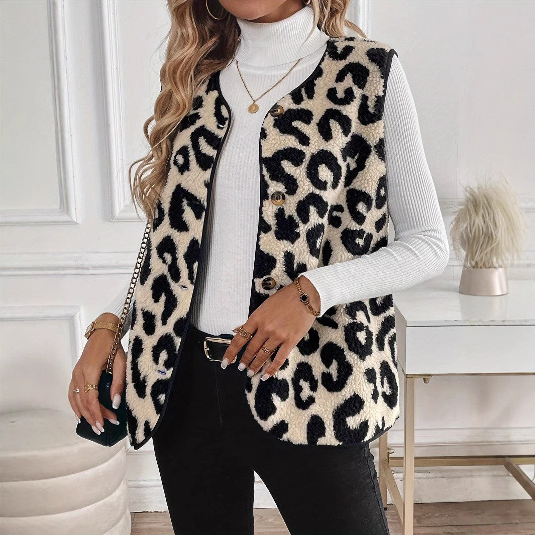 Women Sleeveless Teddy Vest with Leo Pattern, Button Placket and Curved Hem