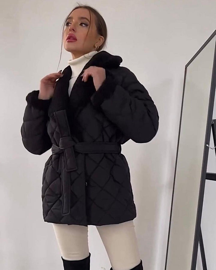 Women’s quilted jacket with teddy lining, fitted belt and large shawl collar