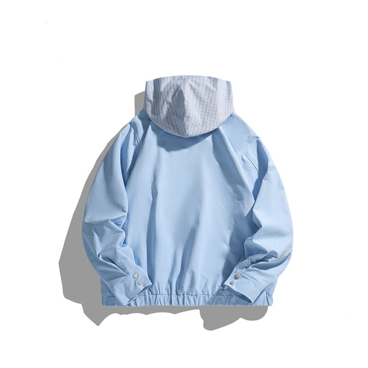 Unisex Light Hooded Transition Jacket with Check Patch Chest Pocket and Elastic Hem