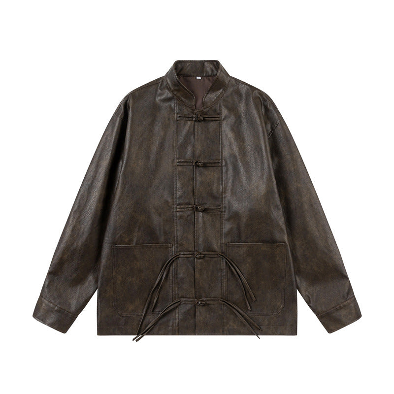 Unisex Asian inspired oversized jacket with mandarin collar and knot closures