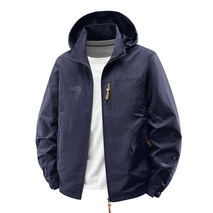 Men Packable Wind and Rain Jacket with Perforated Hood Lining, Chest Zip &amp; Drawstring