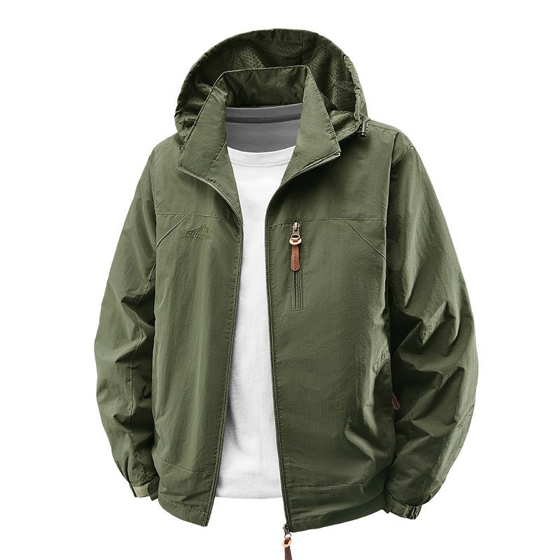 Men Packable Wind and Rain Jacket with Perforated Hood Lining, Chest Zip &amp; Drawstring