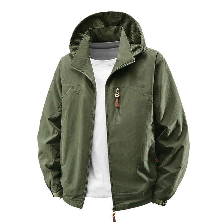 Men Packable Wind and Rain Jacket with Perforated Hood Lining, Chest Zip &amp; Drawstring