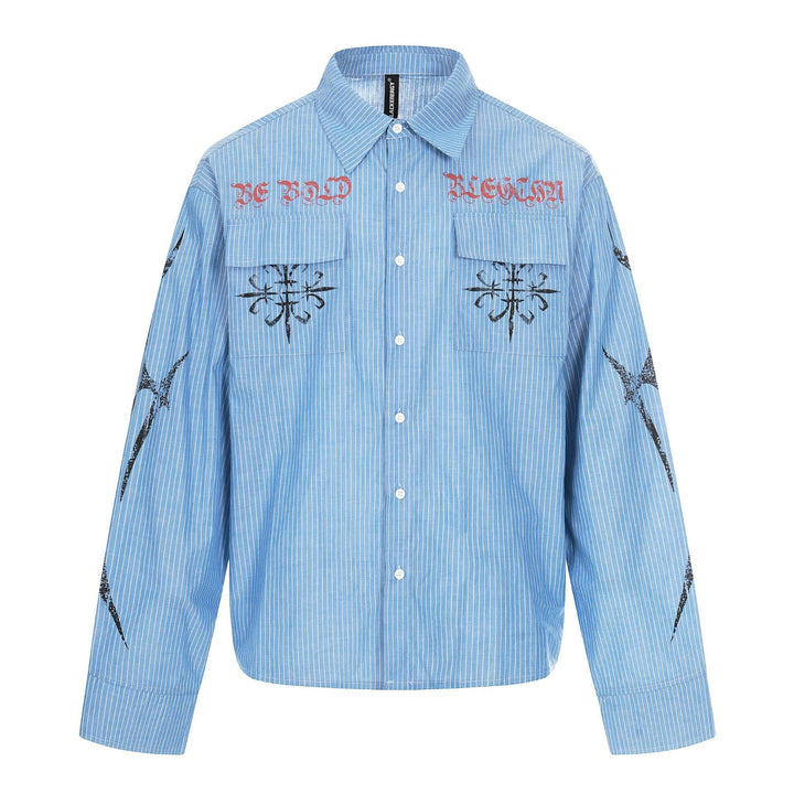 Unisex Oversize Shirt Jacket with Patch Chest Pockets and Decorative Print Details