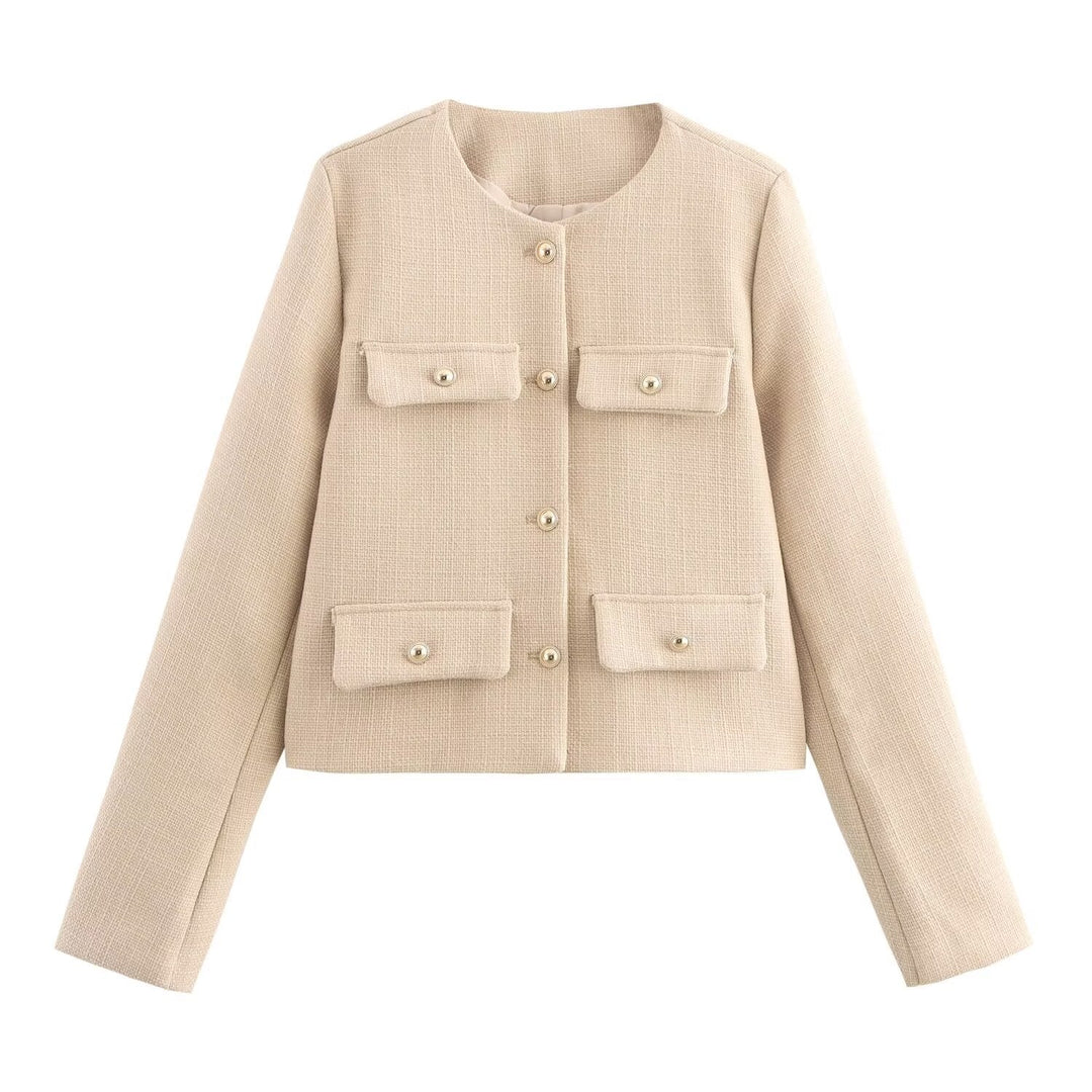 Women Short Boucle Blazer Jacket with Round Neck, Decorative Pocket Flaps, and Gold-Coloured Buttons