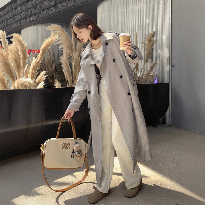Women Elegant Maxi Long Pinstripe Trench with Shoulder Pads and Gathered Sleeves