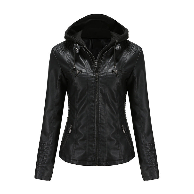 Women Tailored Faux Leather Jacket with Removable Hood and Zip