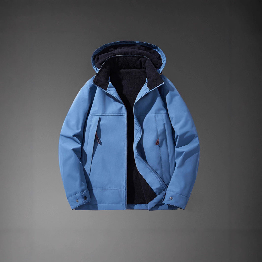 Men Water-resistant Multi-pocket Jacket with Hood and Fleece Lining