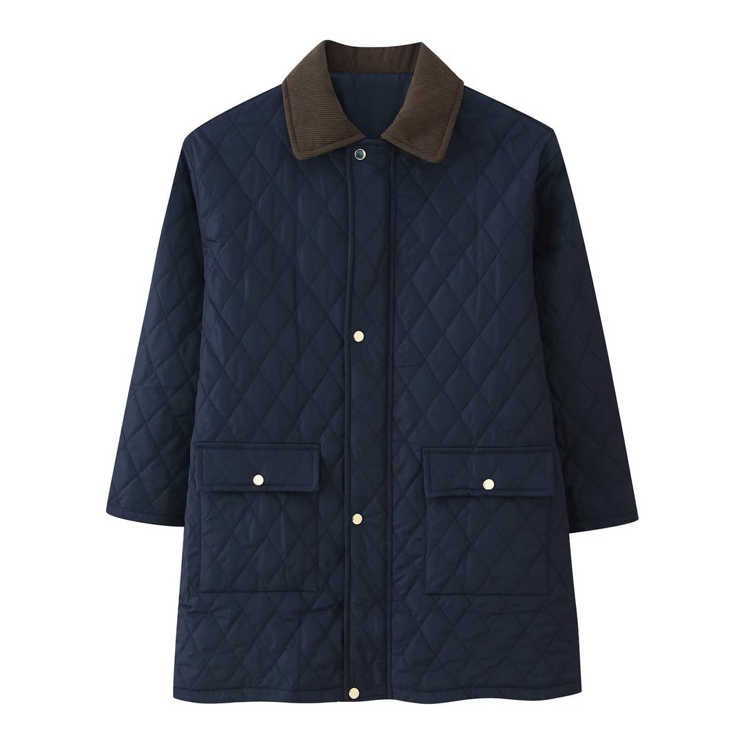 Women’s quilted coat with cord collar, checkered quilting and patch pockets