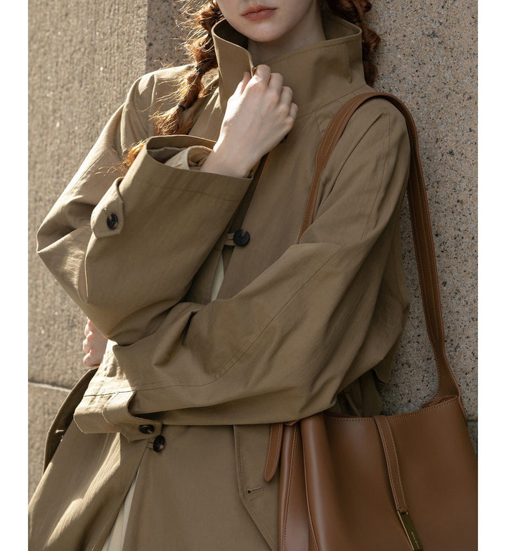 Women Lightweight Oversize Trench Coat with High Stand Collar, Adjustable Cuffs &amp; Tied Belt