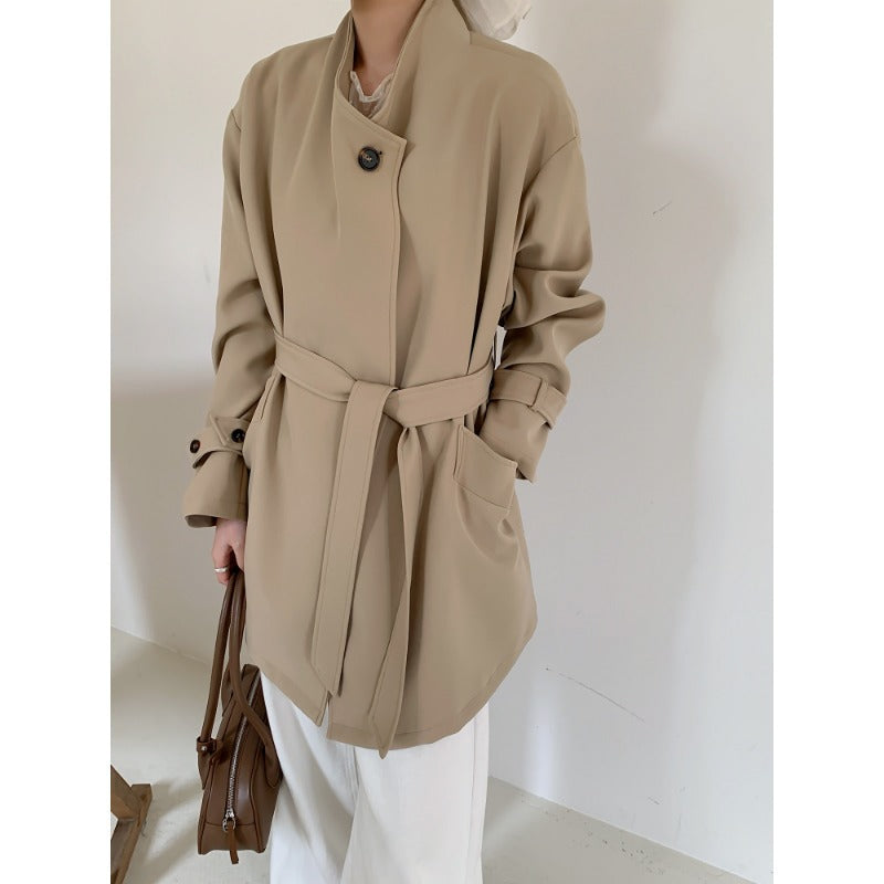 Ladies Short Oversized Coat with Tie Belt, Wide Flap Pockets and Casual Shoulder