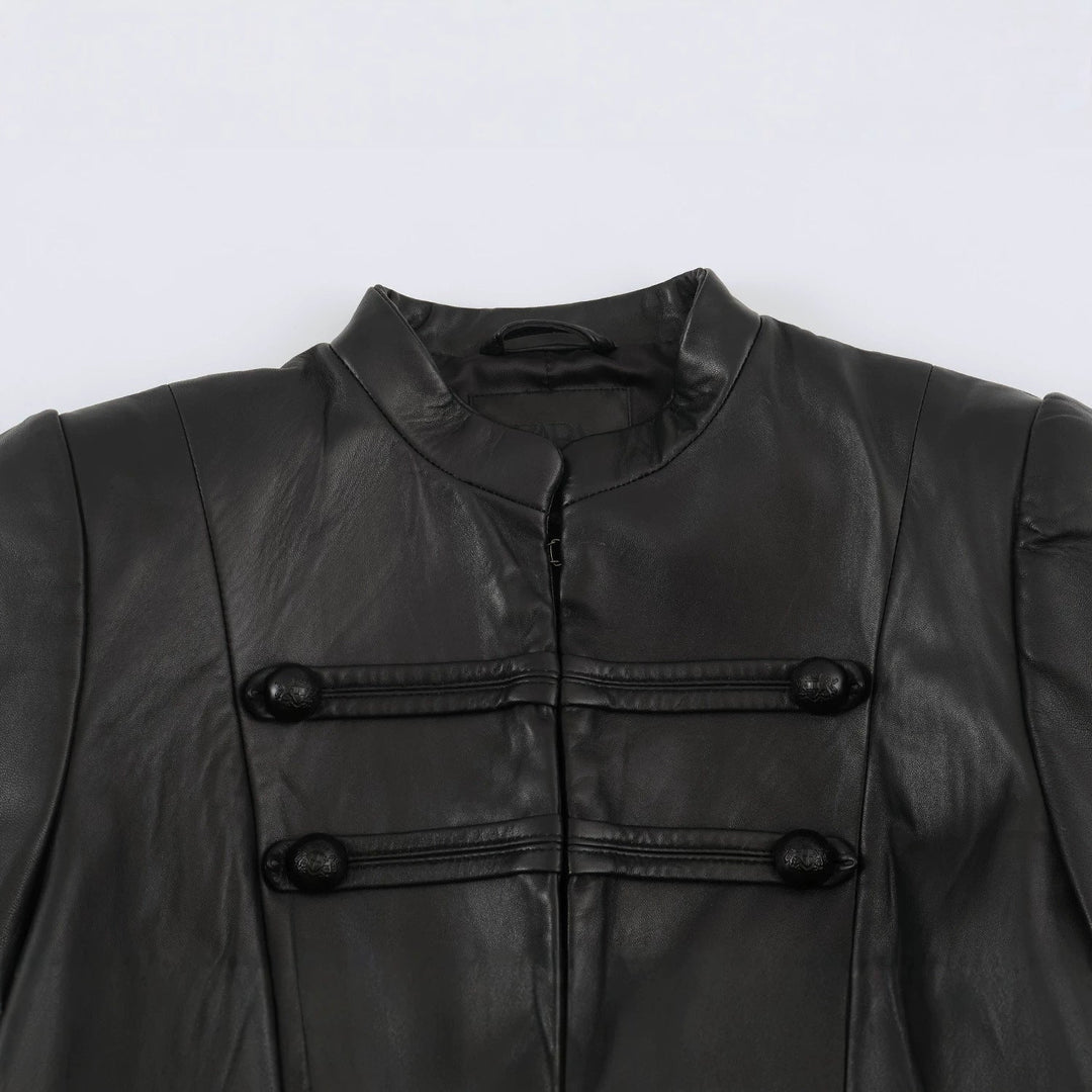Women Short Leather-Look Jacket in Military Style with Stand-Up Collar and Decorative Button Placket