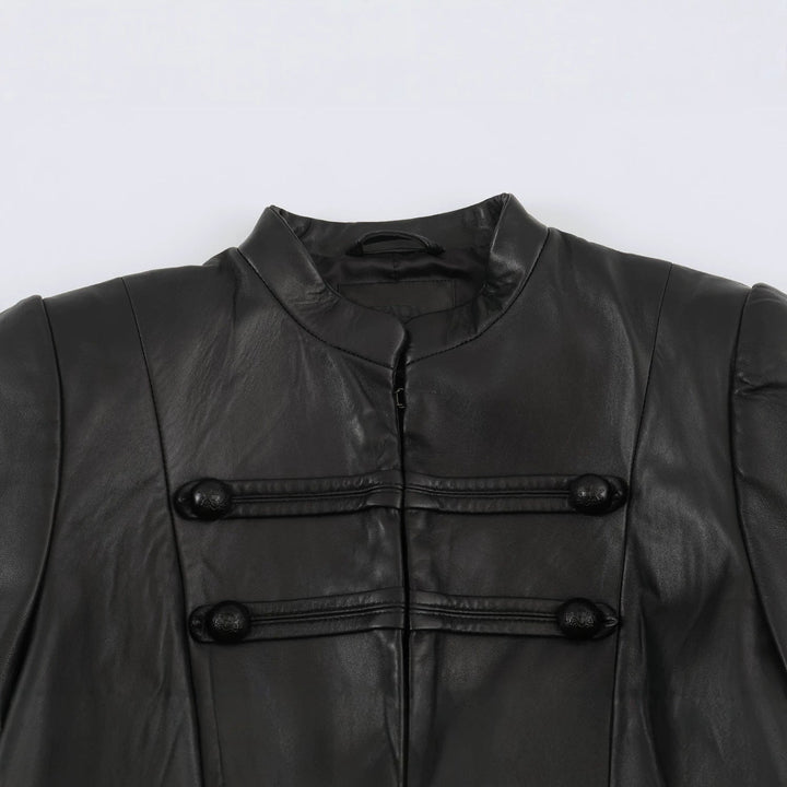 Women Short Leather-Look Jacket in Military Style with Stand-Up Collar and Decorative Button Placket