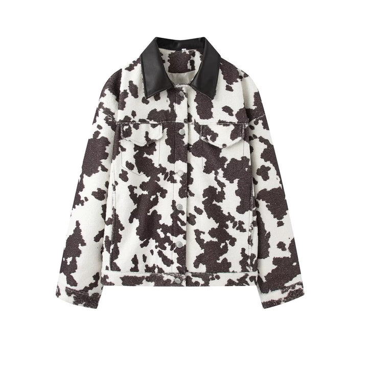 Women’s Short Jacket in Trucker Style with Cow Spot Pattern and Faux Leather Collar
