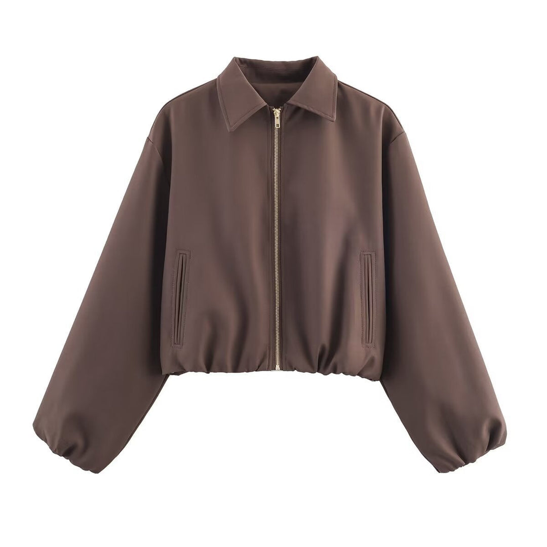 Women short jacket made of vegan leather with Kent collar, full-length zip and gathered hem