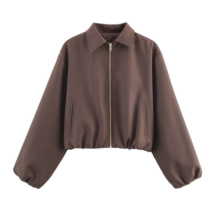 Women short jacket made of vegan leather with Kent collar, full-length zip and gathered hem